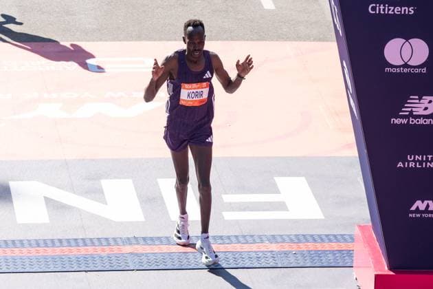2025 New York City TCS Marathon Albert Korir of Kenya winner of 3rd place with time 2:08:57 of NYC TCS Marathon in professional men s open division crossing finish line in Central Park in New York, NY on November 2, 2025. New York New York United States Copyright: LevxRadin