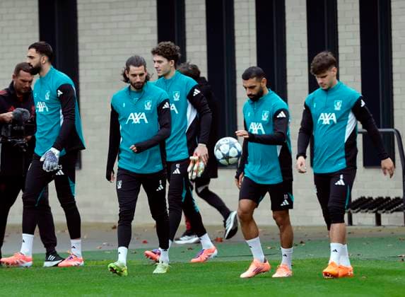 3rd November 2025; Anfield, Liverpool, Merseyside, England; UEFA Champions League Football, Liverpool versus Real Madrid press conference, PK, Pressekonferenz Dominik Szoboszlai, Mohamed Salah and Milos Kerkez walk out for the open training session ahead of tomorrow s Champions League Group match vs Real Madrid  AlanxMartin