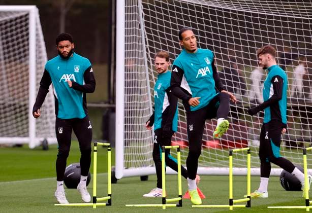 3rd November 2025; Anfield, Liverpool, Merseyside, England; UEFA Champions League Football, Liverpool versus Real Madrid press conference, PK, Pressekonferenz Virgil van Dijk and Joe Gomez of Liverpool warm up before the open training session ahead of tomorrow s Champions League Group match vs Real Madrid  AlanxMartin