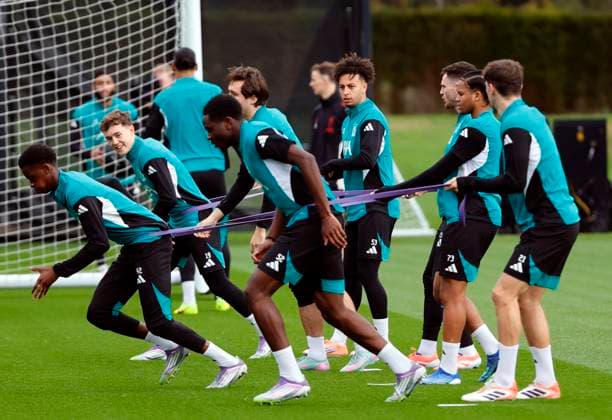 3rd November 2025; Anfield, Liverpool, Merseyside, England; UEFA Champions League Football, Liverpool versus Real Madrid press conference, PK, Pressekonferenz Trey Nyoni and Isaac Mabaya of Liverpool lead the way during the open training session ahead of tomorrow s Champions League Group match vs Real Madrid  AlanxMartin