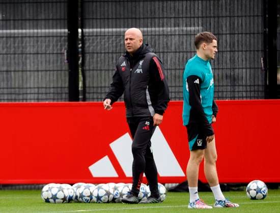 3rd November 2025; Anfield, Liverpool, Merseyside, England; UEFA Champions League Football, Liverpool versus Real Madrid press conference, PK, Pressekonferenz Liverpool manager Arne Slot oversees the open training session with Florian Wirtz in the foreground ahead of tomorrow s Champions League Group match vs Real Madrid  AlanxMartin