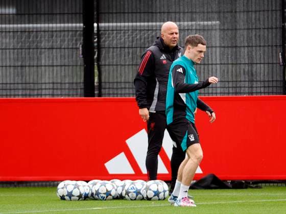 3rd November 2025; Anfield, Liverpool, Merseyside, England; UEFA Champions League Football, Liverpool versus Real Madrid press conference, PK, Pressekonferenz Liverpool manager Arne Slot oversees the open training session with Florian Wirtz in the foreground ahead of tomorrow s Champions League Group match vs Real Madrid  AlanxMartin