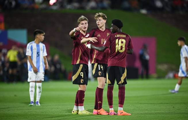 Football, Junior U 17 World Cup 2025 preliminary round 03 11 2025 Group D Argentina Belgium Stan Naert , Daan Braspenning and Ali Camara from left, Belgium pensive
