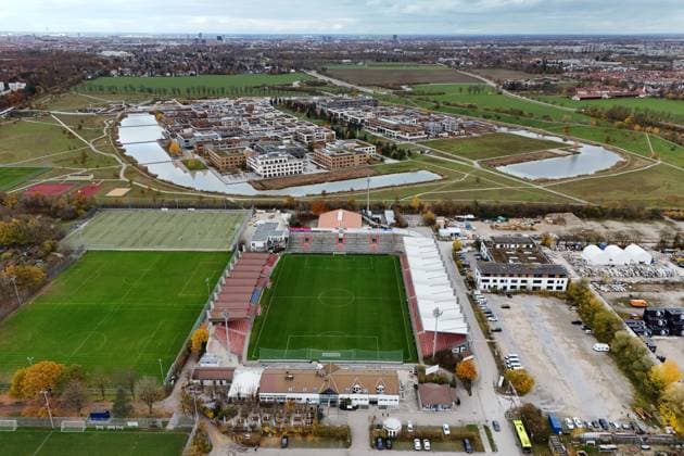 Aerial view of Sportpark Unterhaching The facility is located south of the state capital of Munich and is the home ground of the football club SpVgg Unterhaching