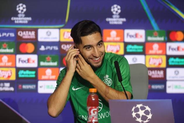 Union s Anouar Ait El Hadj pictured during a press conference, PK, Pressekonferenz of Belgian soccer team Royale Union Saint-Gilloise in Madrid, Spain, on Monday 03 November 2025. The team prepares for tomorrow s match against Spanish Club Atletico Madrid, on the day 4 of the League phase of the UEFA Champions League tournament. VIRGINIExLEFOUR  x138842943x