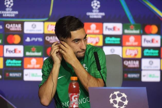 Union s Anouar Ait El Hadj pictured during a press conference, PK, Pressekonferenz of Belgian soccer team Royale Union Saint-Gilloise in Madrid, Spain, on Monday 03 November 2025. The team prepares for tomorrow s match against Spanish Club Atletico Madrid, on the day 4 of the League phase of the UEFA Champions League tournament. VIRGINIExLEFOUR  x138842944x