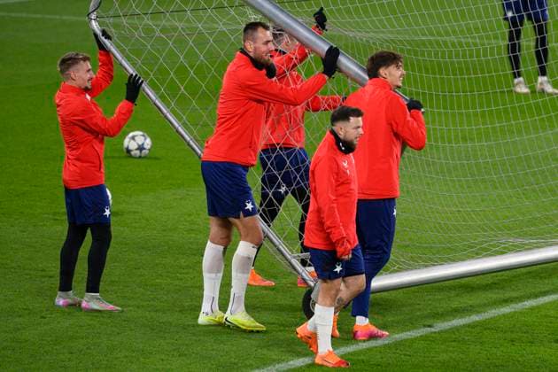 (L-R) Michal Sadilek, Tomas Chory, Mojmir Chytil and Vasil Kusej of Slavia attend the training session prior to Champions League 4th qualifying round match SK Slavia Praha vs Arsenal FC in Prague, Czech Republic, November 3rd, 2025. (CTKxPhoto MichalxKamaryt) CTKPhotoP2025110306276  CTKPhotoP2025110306276