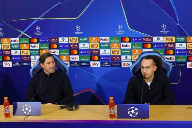 SSC Napoli training Jan Fieber second coach and Arthur Theate of Eintracht Frankfurt during press conference, PK, Pressekonferenz PK, Pressekonferenz ahead of the UEFA Champions League 2025 26 League Phase MD4 against SSC Napoli at Stadio Maradona on November 3, 2025 in Naples ABPH0001 _19 Copyright: xAntonioxBalascox