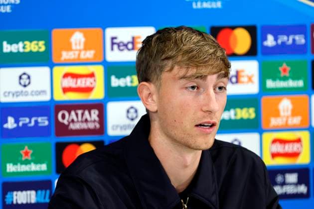 3rd November 2025; Anfield, Liverpool, Merseyside, England; UEFA Champions League Football, Liverpool versus Real Madrid press conference, PK, Pressekonferenz Dean Huijsen of Real Madrid talks to the media ahead of tomorrow s Champions League Group match vs Liverpool  AlanxMartin