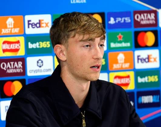 3rd November 2025; Anfield, Liverpool, Merseyside, England; UEFA Champions League Football, Liverpool versus Real Madrid press conference, PK, Pressekonferenz Dean Huijsen of Real Madrid talks to the media ahead of tomorrow s Champions League Group match vs Liverpool  AlanxMartin