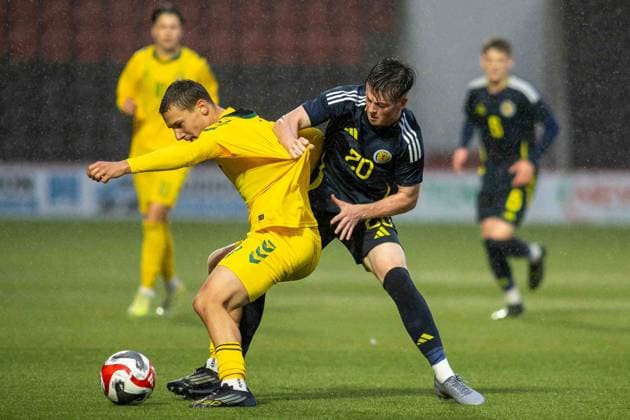 U17, U 17 Scotland v U17 Lithuania U17 European Championships 03 11 2025. Group H Kayden Daly of Scotland national team, Nationalteam battles for possession during the UEFA U17 s European Championships, Scotland vs Lithuania, Albert Bartlett Stadium, Airdrie, Scotland. 3 November 2025 Airdrie Albert Bartlett Stadium North Lanarkshire Scotland Editorial use only , Copyright: xColinxPoultneyx PSI-23150-0007