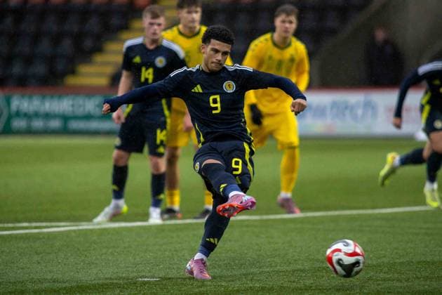 U17, U 17 Scotland v U17 Lithuania U17 European Championships 03 11 2025. Group H GOAL! 2-0 {persons doubles his sides from 12 yards during the UEFA U17 s European Championships, Scotland vs Lithuania, Albert Bartlett Stadium, Airdrie, Scotland. 3 November 2025 Airdrie Albert Bartlett Stadium North Lanarkshire Scotland Editorial use only , Copyright: xColinxPoultneyx PSI-23150-0009