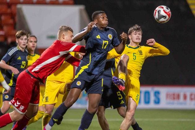 U17, U 17 Scotland v U17 Lithuania U17 European Championships 03 11 2025. Group H {persons challenges for the ball as Henrikas Adomavicius of Lithuania comes off his line during the UEFA U17 s European Championships, Scotland vs Lithuania, Albert Bartlett Stadium, Airdrie, Scotland. 3 November 2025 Airdrie Albert Bartlett Stadium North Lanarkshire Scotland Editorial use only , Copyright: xColinxPoultneyx PSI-23150-0014