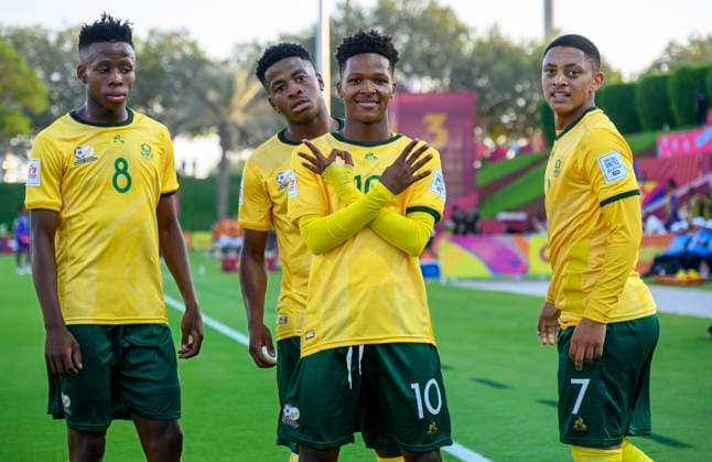 South Africa v Bolivia: Group A - FIFA U-17 World Cup Qatar 2025 WITBOOI Emile (C) of South Africa celebrates with his teammates after scoring the goal during the FIFA U-17 World cup Qatar 2025 group A match between South Africa and Bolivia in Doha, Qatar, on November 3, 2025 DOHA Qatar Copyright: xNOUSHADx