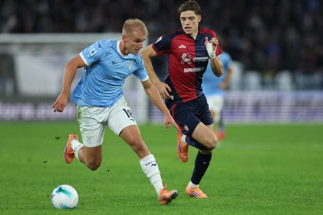 Football: Serie A Enilive 2025-2026 matchday, 10, SS Lazio and Cagliari Calcio Rome, Italy November 3, 2025: Davide Veroli of Cagliari Calcio , Gustav Tang Isaksen of Lazio seen in action during the Serie A Enilive 2025-2026 football matchday 10, between SS Lazio vs Cagliari Calcio at Olympic Stadium. rome olympic stadium italy italy Copyright: xmarcoxiacobucci
