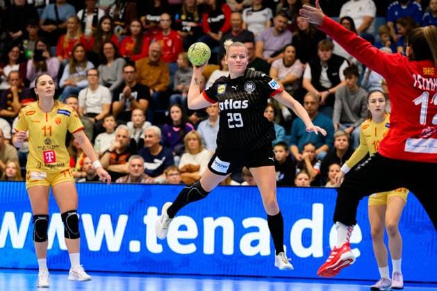 Gummersbach Handball Womens European Championship Qualification, Germany North Macedonia Antje Döll Doell Germany , Dragana Petkovska Macedonia Gummersbach Schwalbe Arena Germany