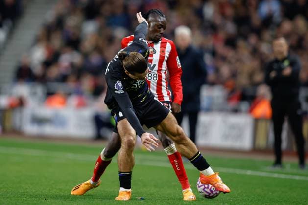 3rd November 2025; Stadium of Light, Sunderland, England; Premier League Football, Sunderland versus Everton; Bertrand Traore of Sunderland dispossess Jack Grealish of Everton  CraigxCowan