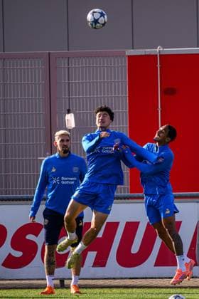 LEVERKUSEN, GERMANY - 4 NOVEMBER, 2025: Ibrahim Maza, Arthur - UEFA Champions League, MD-1, Practice Bayer 04 at BayArena.  Copyright: xx