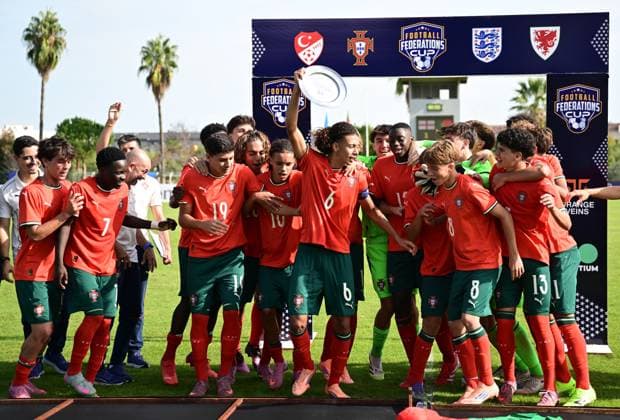 Portugal v England - Football Federation Cup ANTALYA, TURKIYE - NOVEMBER 4: The Portuguese U-16 players celebrate after winning the preparatory tournament match between Portugal and England national football teams in Antalya, Turkiye on November 4, 2025. Orhan Cicek Anadolu Antalya Turkey. Editorial use only. Please get in touch for any other usage.  Copyright: x2025xAnadoluxOrhanxCicekx
