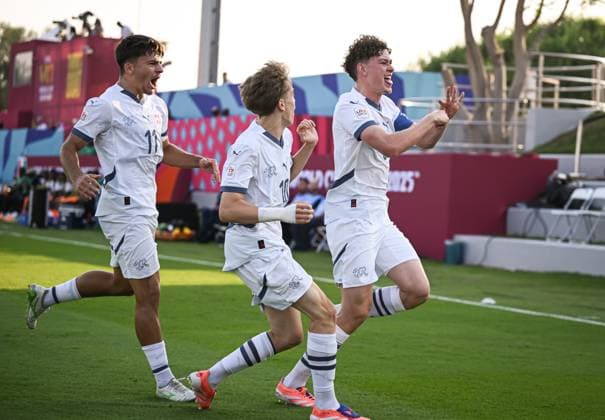 Football, Juniors U 17 World Cup 2025 Doha Qatar Preliminary round 03 11 2025 Group F Ivory Coast Switzerland JUBEL Switzerland Goal scorers to 0 1 Gil Zufferey, Mladen Mijajlovic and Nevio Scherrer from left to right