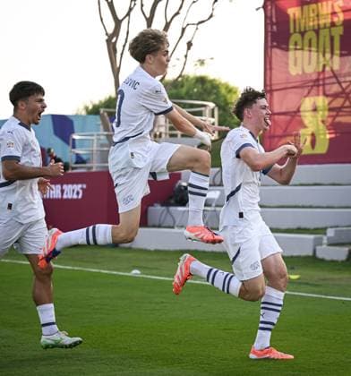 Football, Juniors U 17 World Cup 2025 Doha Qatar Preliminary round 03 11 2025 Group F Ivory Coast Switzerland JUBEL Switzerland Goal scorers to 0 1 Gil Zufferey, Mladen Mijajlovic and Nevio Scherrer from left to right