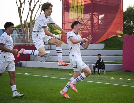 Football, Juniors U 17 World Cup 2025 Doha Qatar Preliminary round 03 11 2025 Group F Ivory Coast Switzerland JUBEL Switzerland Goal scorers to 0 1 Gil Zufferey, Mladen Mijajlovic and Nevio Scherrer from left to right