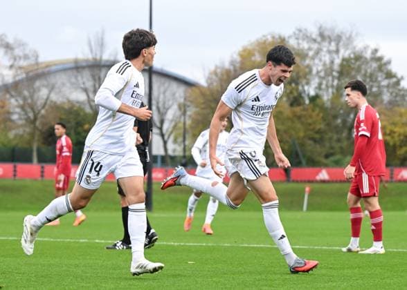 Liverpool, England, 4th November 2025. Jacobo Ortega of Real Madrid celebrates scoring his sides first goal during the Liverpool U19 vs Real Madrid U19 UEFA Youth League match at The Liverpool Football Academy, Liverpool. Picture credit should read: Cody Froggatt Sportimage EDITORIAL USE ONLY. No use with unauthorised audio, video, data, fixture lists, club league logos or live services. Online in-match use limited to 120 images, no video emulation. No use in betting, games or single club league player publications. SPI_008_CF_LIVERPOOL_U19_V_REAL_MADRID_U19 SPI-4262-0008