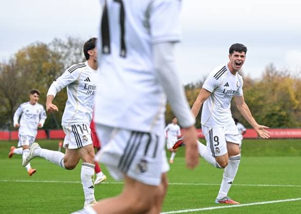 Liverpool, England, 4th November 2025. Jacobo Ortega of Real Madrid celebrates scoring his sides first goal during the Liverpool U19 vs Real Madrid U19 UEFA Youth League match at The Liverpool Football Academy, Liverpool. Picture credit should read: Cody Froggatt Sportimage EDITORIAL USE ONLY. No use with unauthorised audio, video, data, fixture lists, club league logos or live services. Online in-match use limited to 120 images, no video emulation. No use in betting, games or single club league player publications. SPI_009_CF_LIVERPOOL_U19_V_REAL_MADRID_U19 SPI-4262-0009