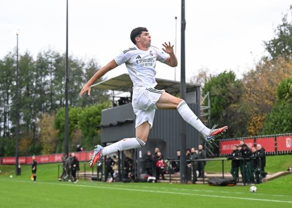 Liverpool, England, 4th November 2025. Jacobo Ortega of Real Madrid celebrates scoring his sides first goal during the Liverpool U19 vs Real Madrid U19 UEFA Youth League match at The Liverpool Football Academy, Liverpool. Picture credit should read: Cody Froggatt Sportimage EDITORIAL USE ONLY. No use with unauthorised audio, video, data, fixture lists, club league logos or live services. Online in-match use limited to 120 images, no video emulation. No use in betting, games or single club league player publications. SPI_010_CF_LIVERPOOL_U19_V_REAL_MADRID_U19 SPI-4262-0010
