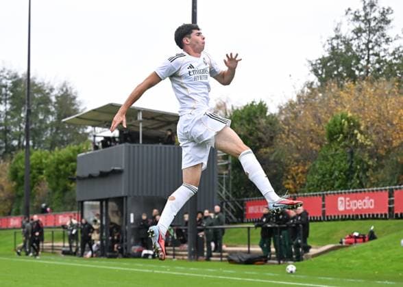 Liverpool, England, 4th November 2025. Jacobo Ortega of Real Madrid celebrates scoring his sides first goal during the Liverpool U19 vs Real Madrid U19 UEFA Youth League match at The Liverpool Football Academy, Liverpool. Picture credit should read: Cody Froggatt Sportimage EDITORIAL USE ONLY. No use with unauthorised audio, video, data, fixture lists, club league logos or live services. Online in-match use limited to 120 images, no video emulation. No use in betting, games or single club league player publications. SPI_011_CF_LIVERPOOL_U19_V_REAL_MADRID_U19 SPI-4262-0011