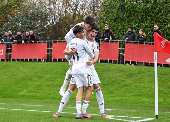 Liverpool, England, 4th November 2025. Jacobo Ortega of Real Madrid celebrates scoring his sides first goal during the Liverpool U19 vs Real Madrid U19 UEFA Youth League match at The Liverpool Football Academy, Liverpool. Picture credit should read: Cody Froggatt Sportimage EDITORIAL USE ONLY. No use with unauthorised audio, video, data, fixture lists, club league logos or live services. Online in-match use limited to 120 images, no video emulation. No use in betting, games or single club league player publications. SPI_012_CF_LIVERPOOL_U19_V_REAL_MADRID_U19 SPI-4262-0012