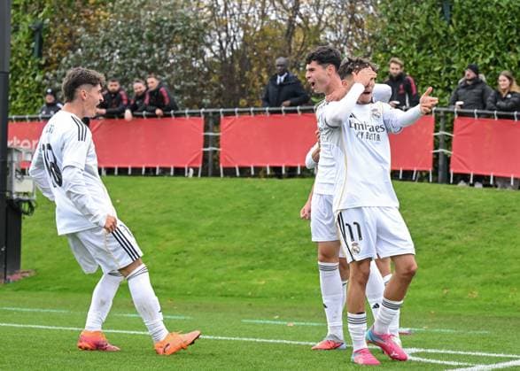 Liverpool, England, 4th November 2025. Jacobo Ortega of Real Madrid celebrates scoring his sides first goal during the Liverpool U19 vs Real Madrid U19 UEFA Youth League match at The Liverpool Football Academy, Liverpool. Picture credit should read: Cody Froggatt Sportimage EDITORIAL USE ONLY. No use with unauthorised audio, video, data, fixture lists, club league logos or live services. Online in-match use limited to 120 images, no video emulation. No use in betting, games or single club league player publications. SPI_014_CF_LIVERPOOL_U19_V_REAL_MADRID_U19 SPI-4262-0014