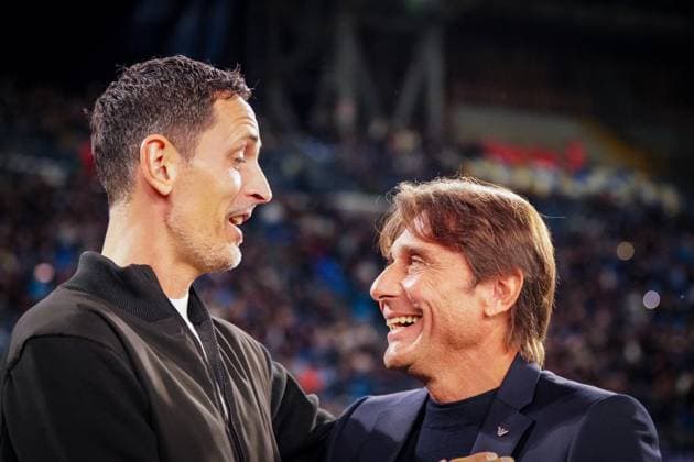 Football UEFA Champions League 2025 26, Matchday 4 SSC Napoli vs Eintracht Frankfurt Diego Armando Maradona Napoli Dino Toppmöller Dino Toppmoller Coach, Eintracht Frankfurt and Antonio Conte Coach, Naples Naples Metropolitan City Naples Italy Copyright: xJOERANxSTEINSIEKx