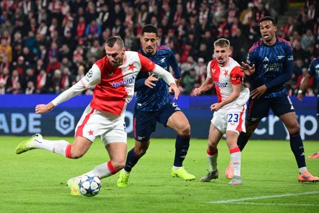 From left Tomas Chory of Slavia, William Saliba of Arsenal, Michal Sadilek of Slavia, Gabriel of Arsenal in action during the Football Champions League 4th round match: Slavia Prague vs Arsenal in Prague, Czech Republic, November 4, 2025. (CTKxPhoto MichalxKamaryt) CTKPhotoP2025110407676  CTKPhotoP2025110407676