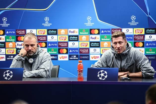 Barcelona s head coach Hansi Flick and Barcelona s Robert Lewandowski pictured during a press conference, PK, Pressekonferenz of Spanish FC Barcelona, Barca on Tuesday 04 November 2025 in Brugge. The team is preparing for tomorrow s game against Belgian soccer team Club Brugge KV, on day four of the League phase of the UEFA Champions League tournament. BRUNOxFAHY  x139000849x