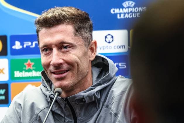 Barcelona s Robert Lewandowski pictured during a press conference, PK, Pressekonferenz of Spanish FC Barcelona, Barca on Tuesday 04 November 2025 in Brugge. The team is preparing for tomorrow s game against Belgian soccer team Club Brugge KV, on day four of the League phase of the UEFA Champions League tournament. BRUNOxFAHY  x139001667x