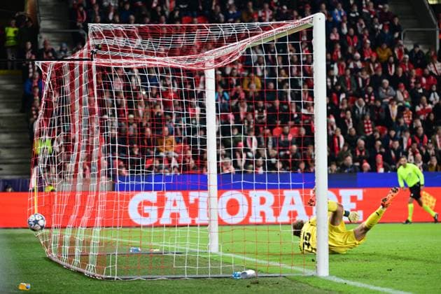 Goalie of Slavia Jakub Markovic receives goal from penalty kick (Bukayo Saka of Arsenal, not pictured, scores) during the Football Champions League 4th round match: Slavia Prague vs Arsenal in Prague, Czech Republic, November 4, 2025. (CTKxPhoto RomanxVondrous) CTKPhotoP2025110407871  CTKPhotoP2025110407871