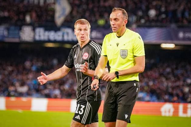 Football UEFA Champions League 2025 26, Matchday 4 SSC Napoli vs Eintracht Frankfurt Diego Armando Maradona Napoli Referee Joao Pinheiro Portugal Rasmus Kristensen Eintracht Frankfurt, 13 Naples Metropolitan City Naples Italy Copyright: xJOERANxSTEINSIEKx