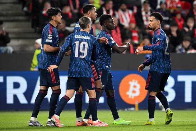 November 4, 2025, Prague, Czech Republic: Players of Arsenal celebrate after scoring 0:1 (pen) during the UEFA Champions League 2025-2026 League Phase MD4 match between SK Slavia Praha and Arsenal at Stadium Eden on November 4, 2025, in Prague, Czech Republic. Prague Czech Republic - ZUMAr156 20251104_aap_r156_002 Copyright: xSlavekxRutax