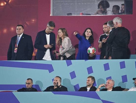 Soccer, Junior U 17 World Cup 2025 Doha Qatar Preliminary Round 04 11 2025 Group G Germany Colombia President of the UN General Assembly, Annalena Baerbock 4 left with ball on the VIP stand, Oliver Owcza 2 left, German Ambassador to Qatar