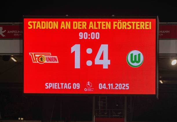 Soccer, Women, Season 2025 2026, Google Pixel Women Bundesliga 9 Matchday , 1 FC Union Berlin VfL Wolfsburg, Scoreboard with 1 4 Final Score, 04 11 2025, Copyright: xMatthiasxKochx