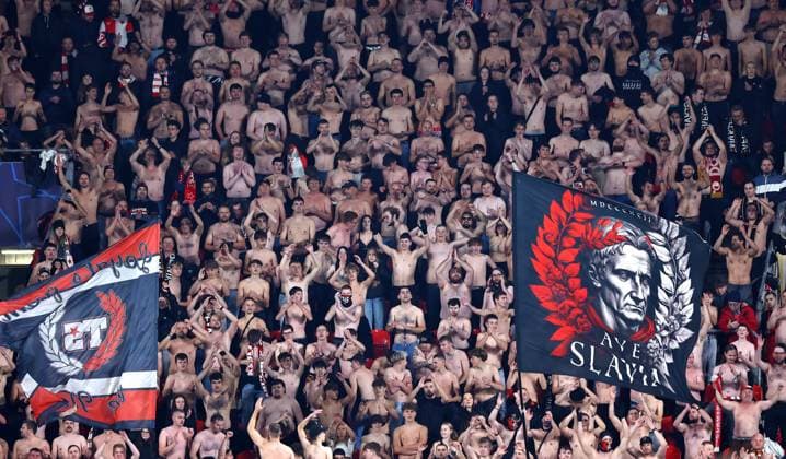Topless fans of Slavia Prague Slavia Prague v Arsenal, UEFA Champions League, Group Stage, Football, Fortuna Arena, Prague, Czechia - 04 Nov 2025Prague Fortuna Arena Czech Republic EDITORIAL USE ONLY No use with unauthorised audio, video, data, fixture lists, club league logos or live services. Online in-match use limited to 120 images, no video emulation. No use in betting, games or single club league player publications. Copyright: xMichaelxZemanek Shutterstockx 15642030ax
