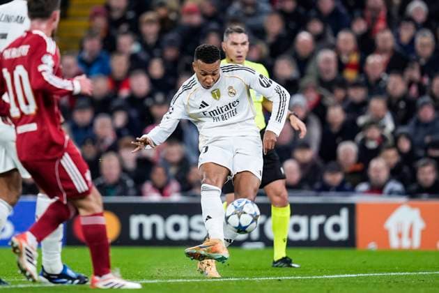 November 4, 2025, Liverpool, Liverpool, England: Kylian Mbappe of Real Madrid CF in action during the UEFA Champions League 2025 26 League Phase MD4 match between Liverpool FC and Real Madrid CF at Anfield on November 04, 2025 in Liverpool, England. Liverpool England - ZUMAa181 20251104_zaa_a181_113 Copyright: xDennisxAgyemanx