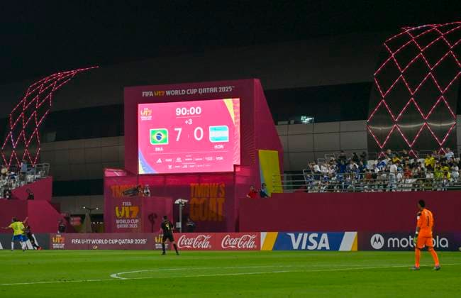 Brazil v Honduras : Group H - FIFA U-17 World Cup Qatar 2025 The score is displayed on the scoreboard after the FIFA U-17 World Cup Qatar 2025 Group H match between Brazil and Honduras in Doha, Qatar, on November 4, 2025 DOHA Qatar Copyright: xNOUSHADx