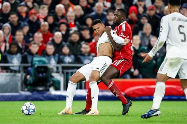 Liverpool v Real Madrid UEFA Champions League Ibrahima KonatÃ of Liverpool and Kylian MbappÃ of Real Madrid during the UEFA Champions League match at Anfield, Liverpool UK Newspapers OUT Copyright: xMaxxTomlinsonx FIL-22464-0066