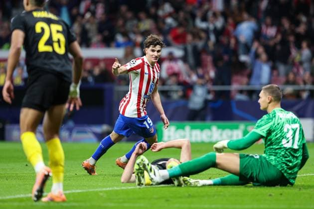 November 4, 2025, Madrid, Madrid, SPAIN: Julian Alvarez of Atletico de Madrid celebrates a goal during the UEFA Champions League 2025 26 League Phase MD4 match between Atletico de Madrid and R. Union Saint-Gilloise at Estadio Metropolitano on November 04, 2025 in Madrid, Spain. Madrid SPAIN - ZUMAa181 20251104_zaa_a181_132 Copyright: xIrinaxR.xHipolitox