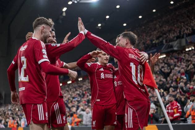 LIVERPOOL, ENGLAND - NOVEMBER 01: Alexis Mac Allister of Liverpool celebrates with team-mates after scoring the team s first goal during the UEFA Champions League match between Liverpool and Real Madrid at Anfield on November 04, 2025 in Liverpool, England. (Photo by Will Palmer Agencia LOF SPP) Copyright: xWillxPalmer AgenciaxLOF SPPx Sportspressphoto_SPR56829