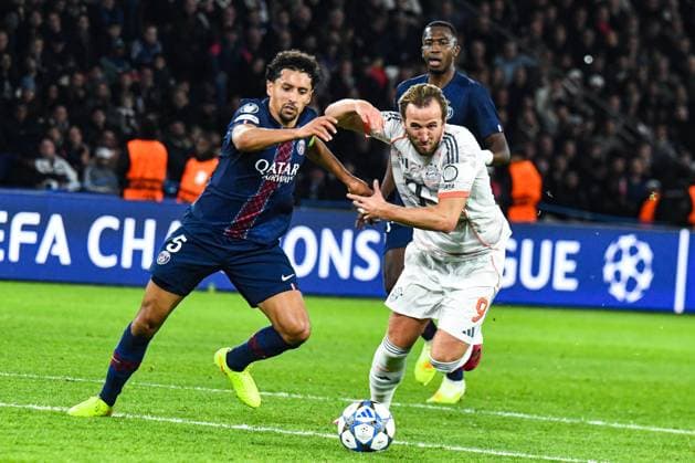 FOOTBALL : Paris Saint Germain vs FC Bayern Munich - Ligue des Champions - Phase de Ligue - JournÃ e 4 - 04 11 2025 Harry Kane (Bayern Munich) Marquinhos (Paris SG) ParisFrance  Copyright: xLaptistex