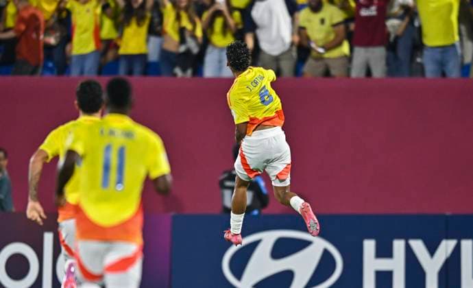 Germany v Colombia: Group G - FIFA U-17 World Cup Qatar 2025 Juan CATANO of Colombia celebrates after scoring a goal during the FIFA U-17 World Cup Qatar 2025 Group G match between Germany and Colombia in Doha, Qatar, on November 4, 2025 DOHA Qatar Copyright: xNOUSHADx