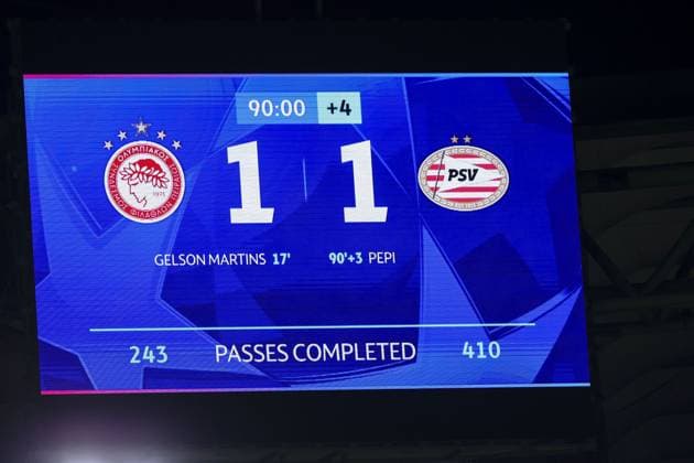 PIRAEUS , 04-11-2025 , Stadio Georgios Karaiskakis , season 2025 2026 , UEFA Champions League football League phase matchday 4 , match between Olympiacos and PSV , picture shows final score 1-1 Olympiacos - PSV  x31863432x Copyright:
